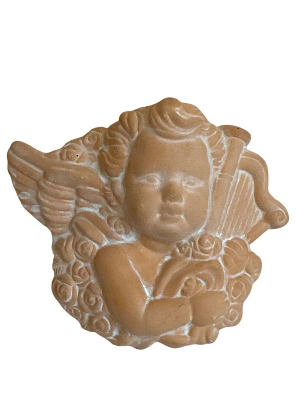 Cherub Angel Wall Hanging Terracotta Vintage Harp Rose Rustic Decor 4.5" x 4".